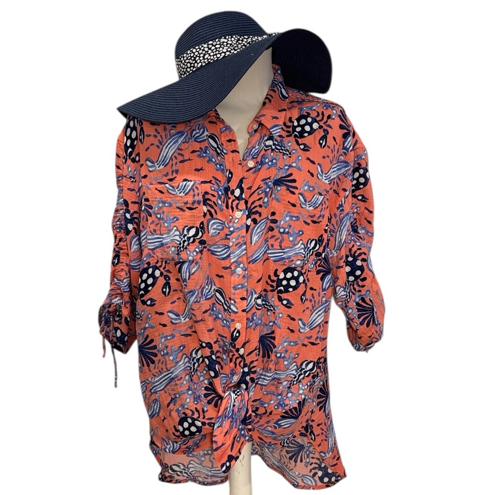 Talbots Coral Blue Ocean Sea Crab Cotton Swim CoverUp Tie Sleeve Button XL